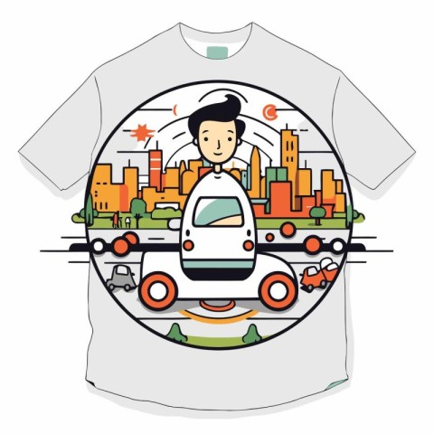 T-shirt print design with illustration of a man driving a car