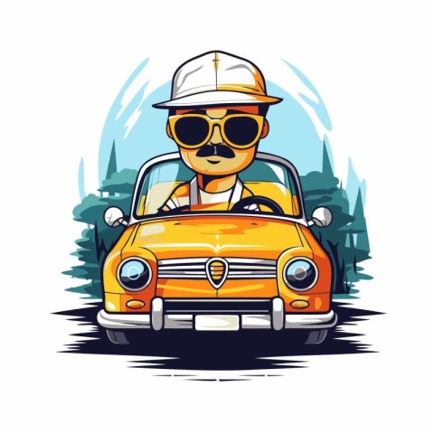 Illustration of a yellow taxi driver wearing sunglasses and a ca