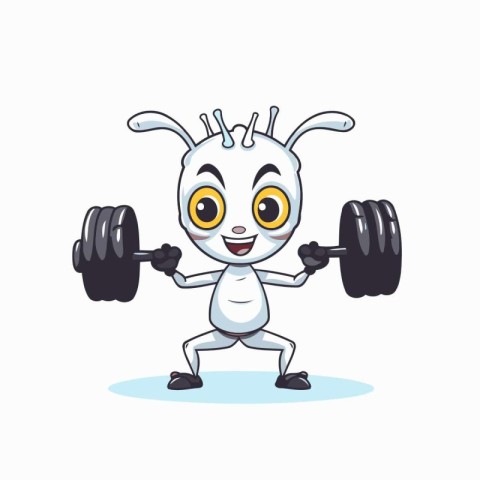 Cute ant lifting a barbell. Vector illustration on white backgro