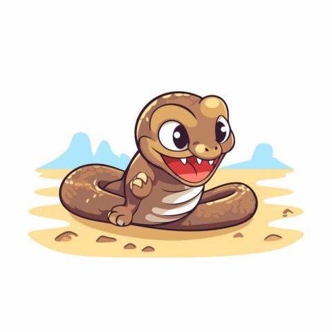 Cute cartoon snake sitting on the sand. Vector illustration isol