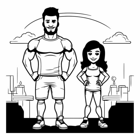 Fitness couple of woman and man cartoon in the city scenery vect