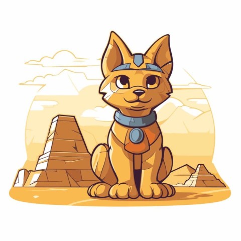 Cute cartoon dog in the Egyptian pyramids. Vector illustration.