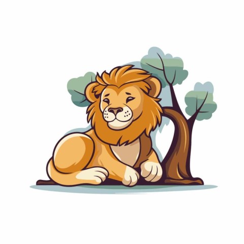 Cartoon lion sitting on the ground in the forest. Vector illustr