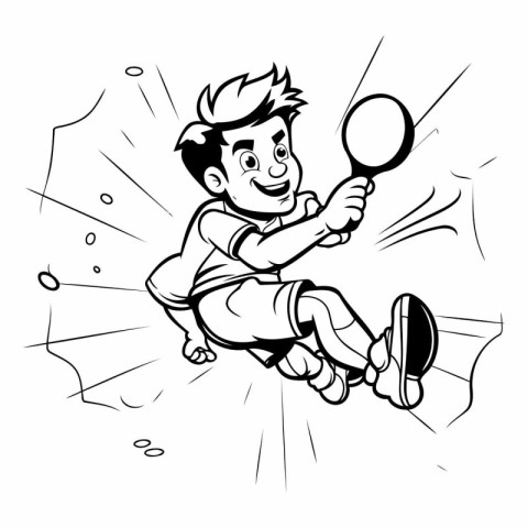 Cartoon boy playing badminton. Black and white vector illustrati