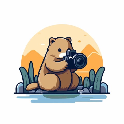 Cute bear with a camera on the beach. Vector illustration.