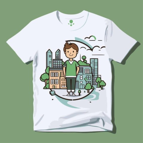 T-shirt design with a young man in the city. Vector illustration