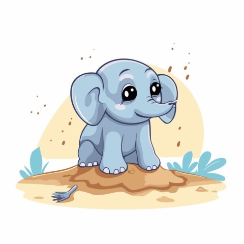 Cute cartoon baby elephant sitting on the sand. Vector illustrat