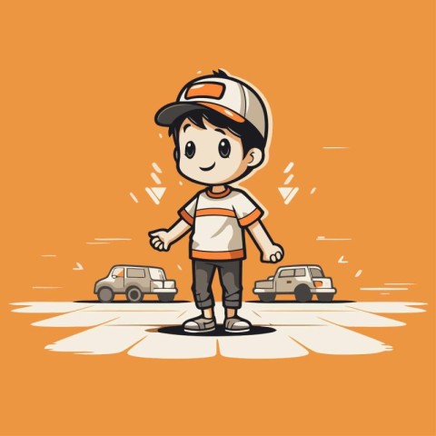 Cartoon boy with car on the road. Vector illustration design.