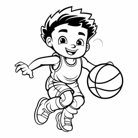 Cartoon boy playing basketball. Black and white vector illustrat