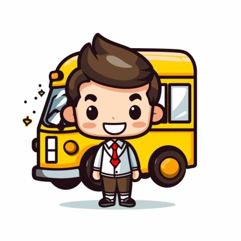 School Boy with School Bus - Cute and Funny Cartoon Vector Illus