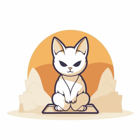 Cute cat sitting on a mat. Vector illustration in flat style.