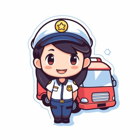 Cute cartoon police girl with police car on white background. Ve