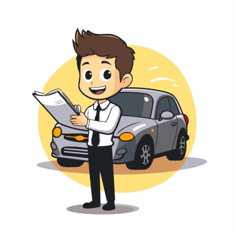 Businessman with car and document. Vector illustration in cartoo