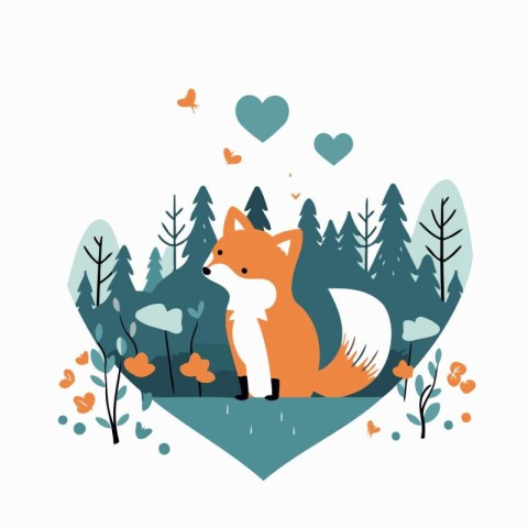 Cute fox in the forest. Vector illustration in flat style.