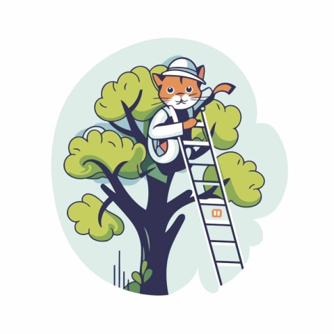 Cute cartoon cat climbing a ladder on a tree. Vector illustratio