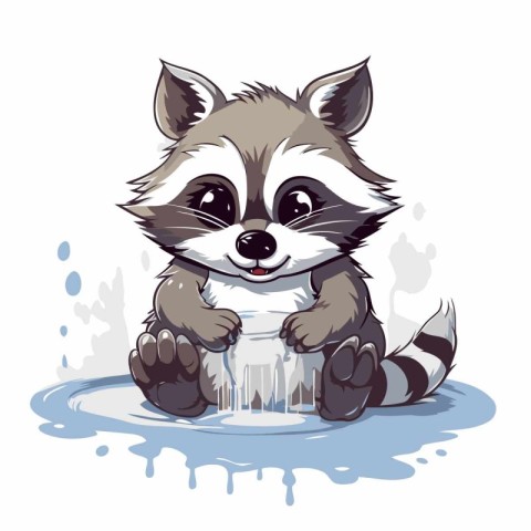 Cute raccoon drinking water from a cup. Vector illustration.