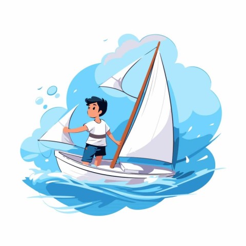 Boy sailing on a sailboat. Vector illustration in cartoon style.