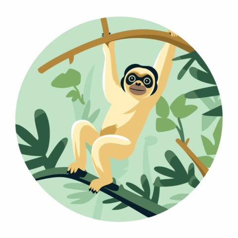 Gibbon on the tree. Vector illustration in flat style.