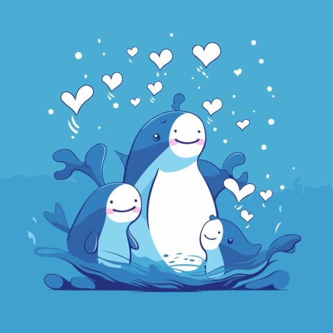 Cute cartoon penguin family in love. Vector illustration on blue