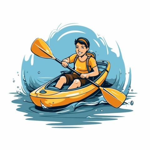 Illustration of a man kayaking in the sea. Vector illustration.