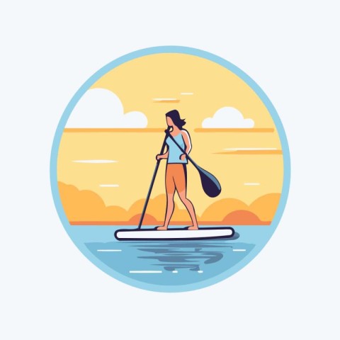 Young woman on stand up paddle board. Flat style vector illustra