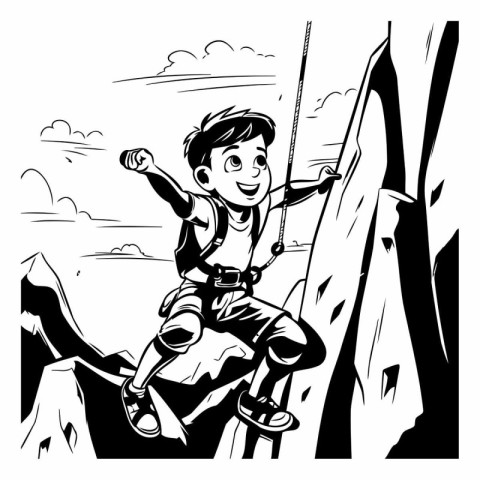 Boy climbing a cliff. Black and white illustration of a boy clim