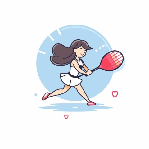 Tennis player woman running with racket and ball. vector illustr