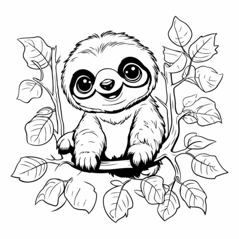 Cute cartoon sloth sitting on a tree branch. Vector illustration