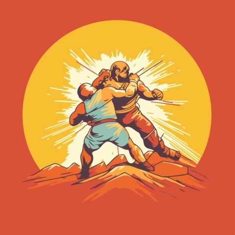 Kung fu master on the top of the mountain. Vector illustration