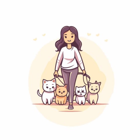 Young woman walking with her pets. Vector illustration in cartoo