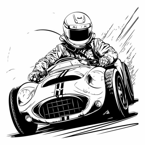 Black and white vector illustration of a man driving a race car.