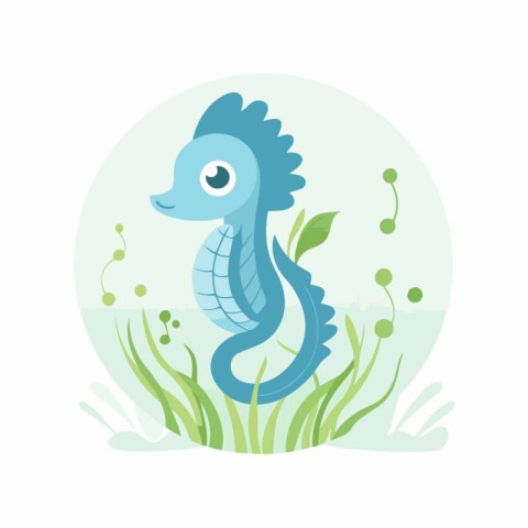 Cute blue seahorse in the grass. Vector illustration.