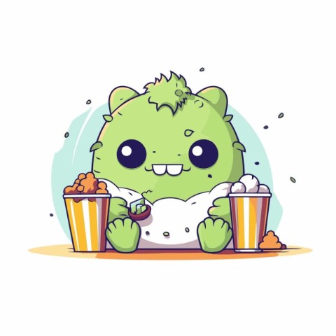 Cute green monster with popcorn and soda. Vector cartoon charact