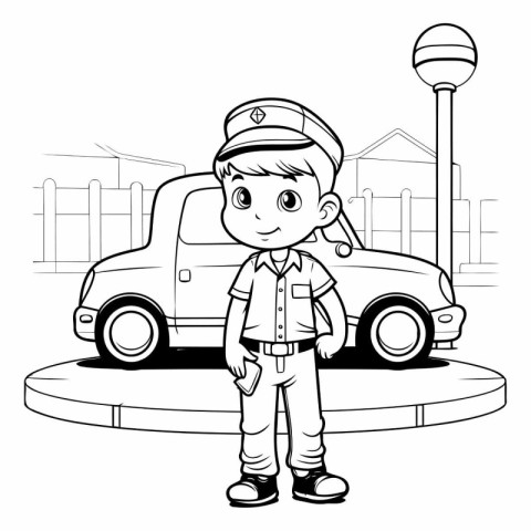 Cute boy with police cap and uniform in the city cartoon vector