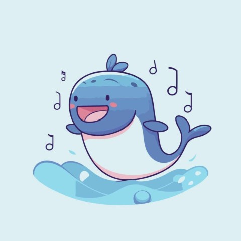 Cute cartoon whale listening to music on a blue background. Vect