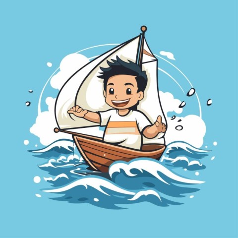 Boy in a sailboat on the waves. Vector cartoon illustration.