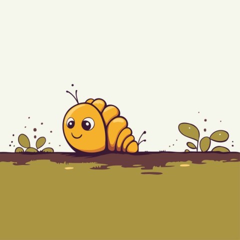 Cute cartoon caterpillar crawling on the ground. Vector illustra