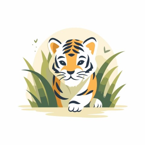 Cute tiger sitting on grass. Vector illustration in cartoon styl