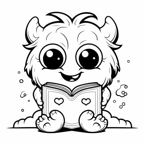 Black and White Cartoon Illustration of Cute Little Devil Readin