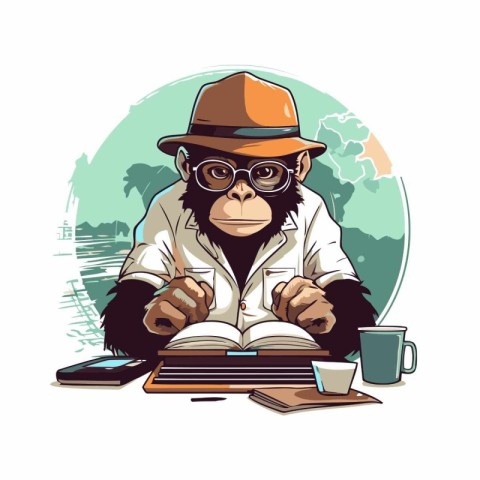 Chimpanzee with a book and a cup of coffee. Vector illustration.