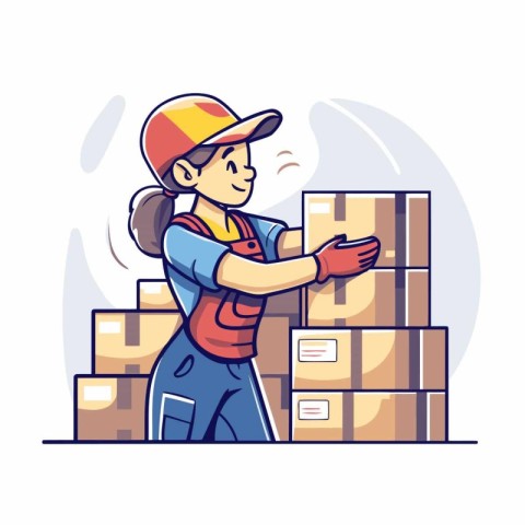 Warehouse worker in uniform with boxes. Flat style vector illust