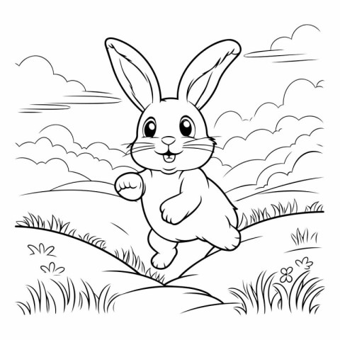 Rabbit running in the grass. black and white vector illustration