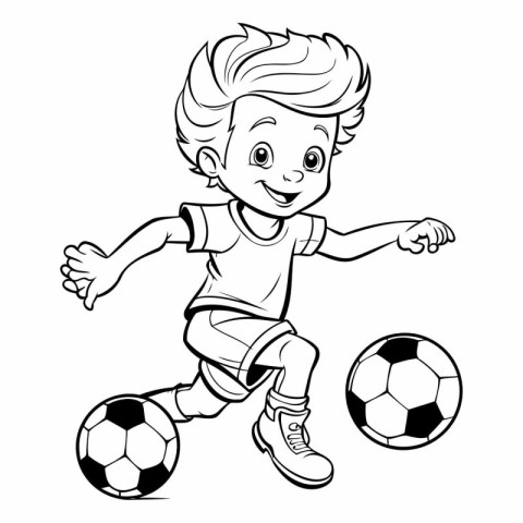 Boy playing soccer - black and white vector illustration for col