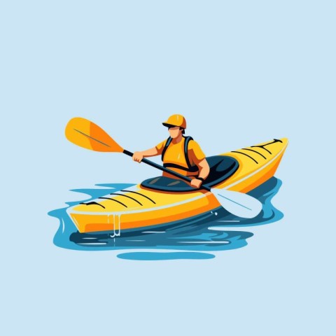 Man in yellow kayak on the water. Flat style vector illustration