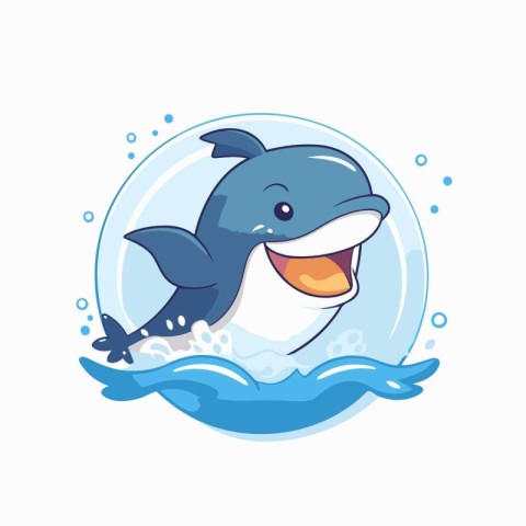 Cute smiling dolphin in the water. Vector illustration on white