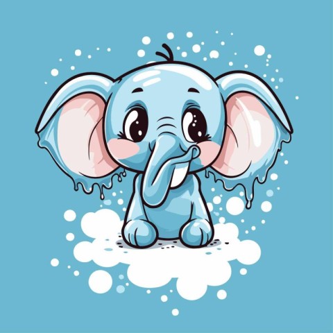 Cute cartoon elephant on a blue background with clouds. Vector i