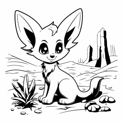 Cute Fox - Black and White Cartoon Illustration. Vector Art