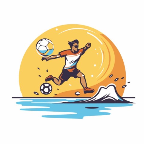 Soccer player with ball on the background of the sea. Vector ill