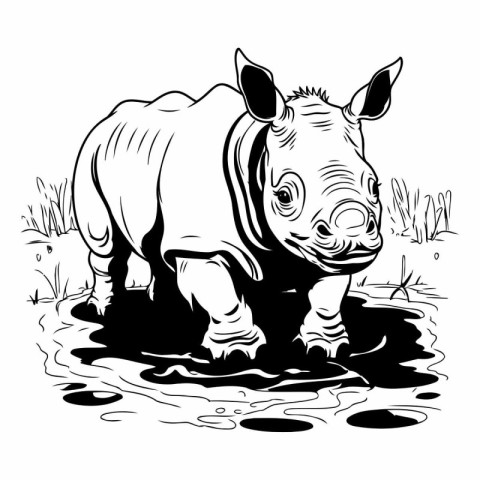 Rhinoceros in water. Black and white vector illustration.