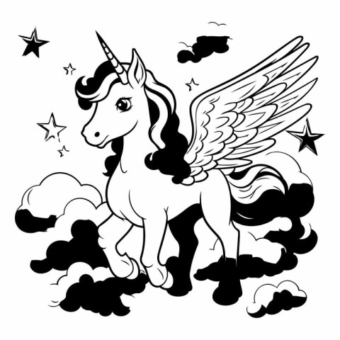 Unicorn with wings and clouds. Black and white vector illustrati